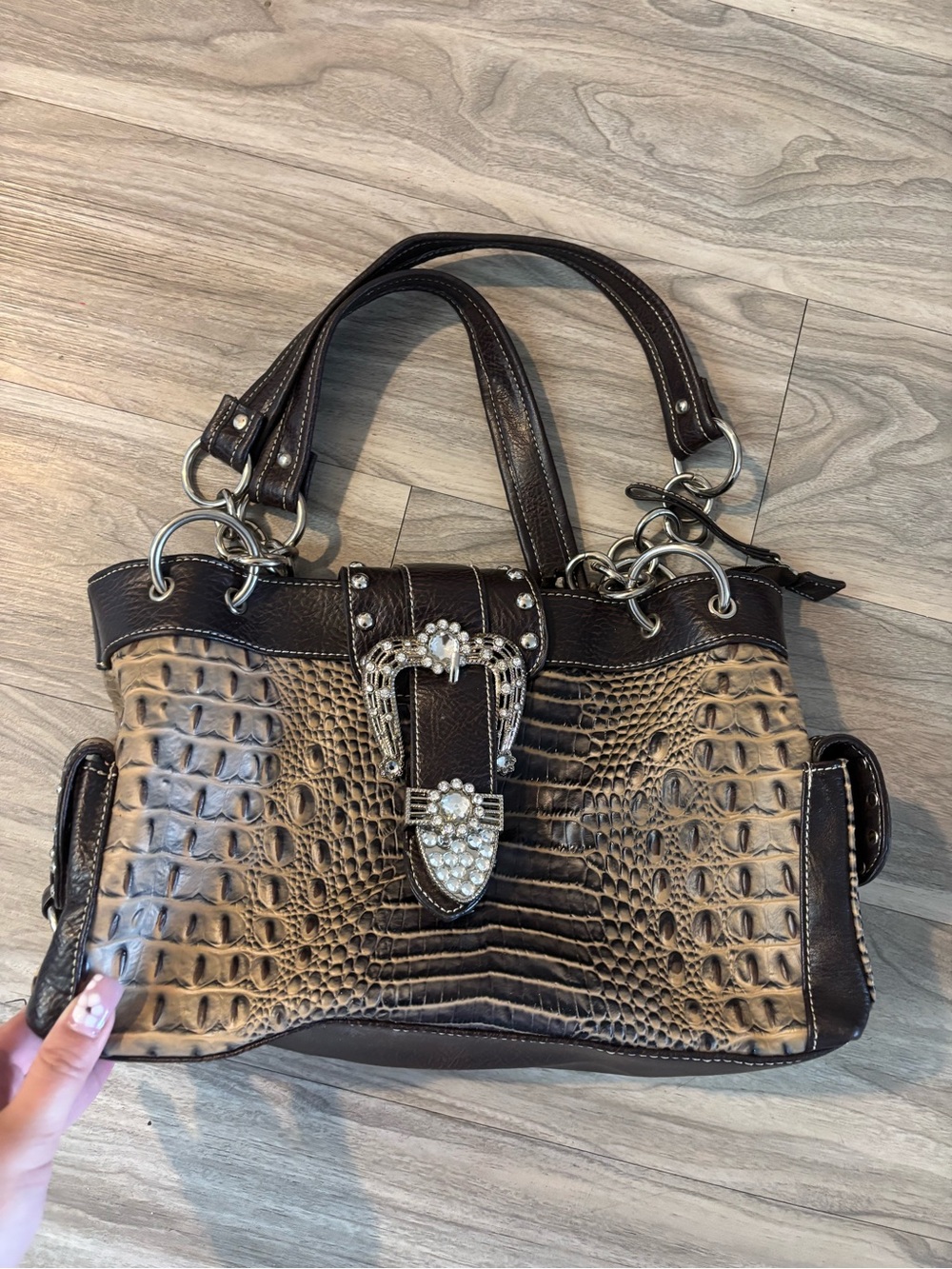 Women's Brown Croc-Embossed Satchel with Rhinestone Buckle